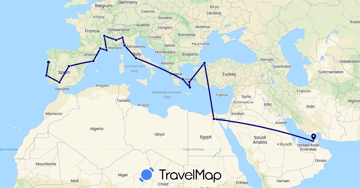 TravelMap itinerary: driving in United Arab Emirates, Egypt, Spain, France, Greece, Italy, Portugal, Turkey (Africa, Asia, Europe)